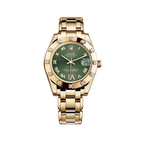 Datejust Pearlmaster 81318 Yellow Gold Olive Green Diamond Dial 34mm