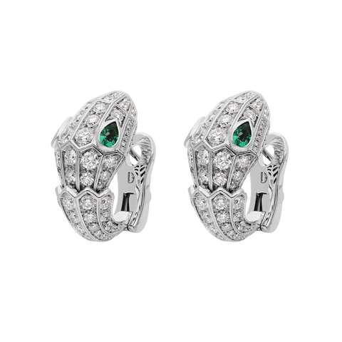 Serpenti Earings White Gold Set with emerald Eyes and pavé diamonds